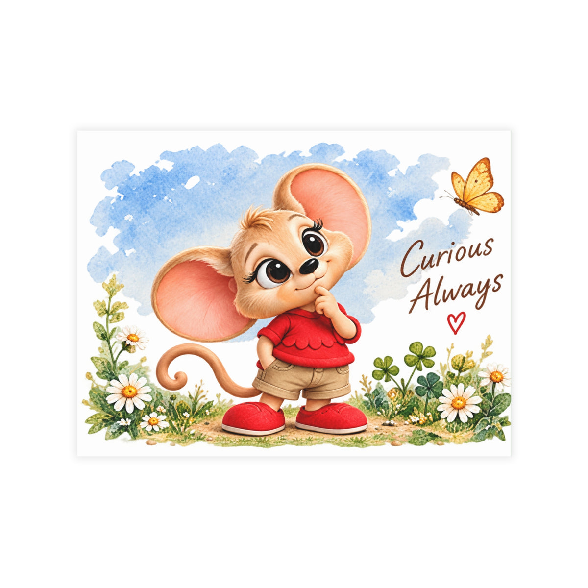 “Curious Always” mouse postcard, main view
