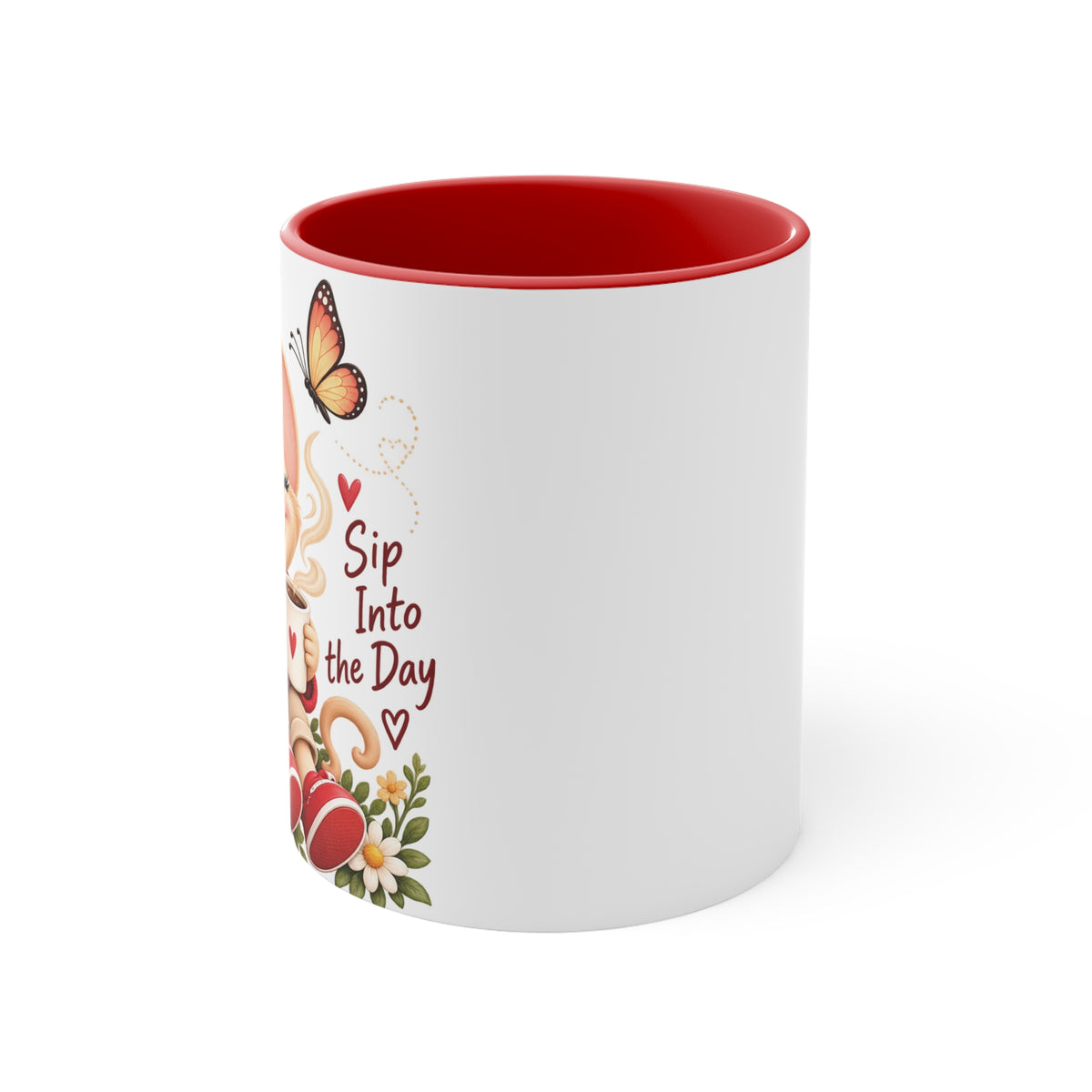 “Sip Into the Day” mouse coffee mug with red interior, main view