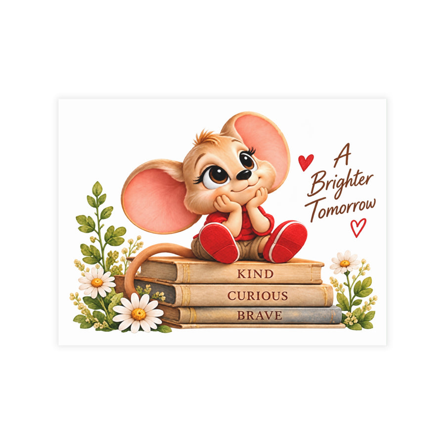 “A Brighter Tomorrow” mouse postcard with stacked books, main view