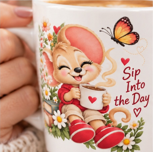 Mouse “Sip Into the Day” 12oz latte mug held in hand, main view