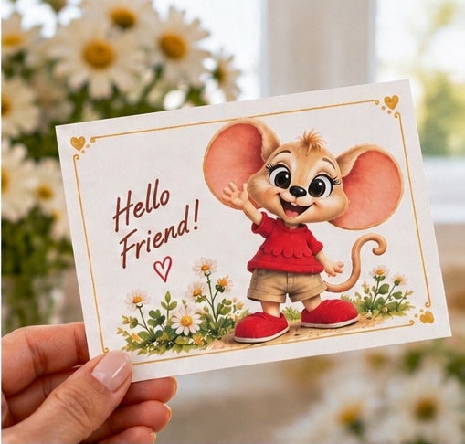 “Hello Friend” mouse greeting card held in hand, main view