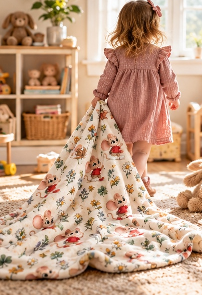 Mouse swaddle blanket resting in a nursery crib