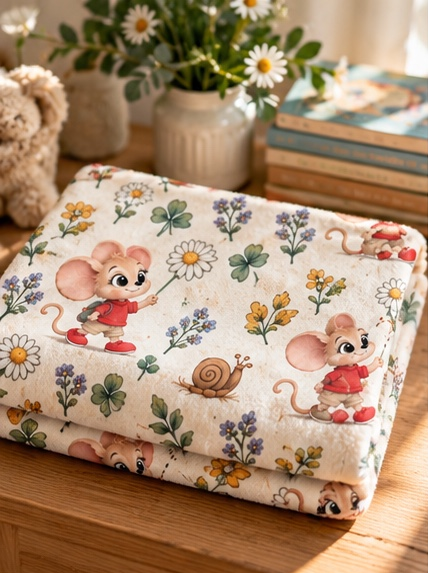 Mouse fleece baby blanket with daisies and snails, folded on a table, main view