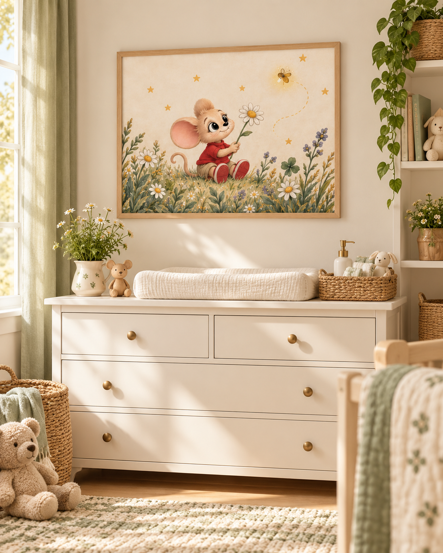 Whimsical Mouse in Wildflower Meadow Fine Art Poster