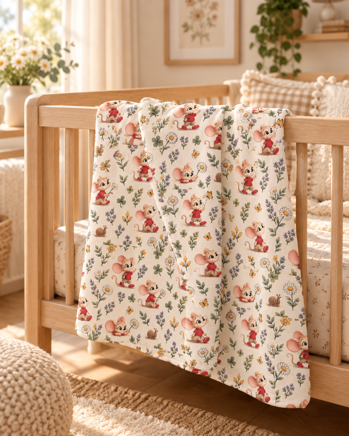 Mouse Swaddle Blanket — Soft Jersey Wildflower Print, 30″ × 40″
