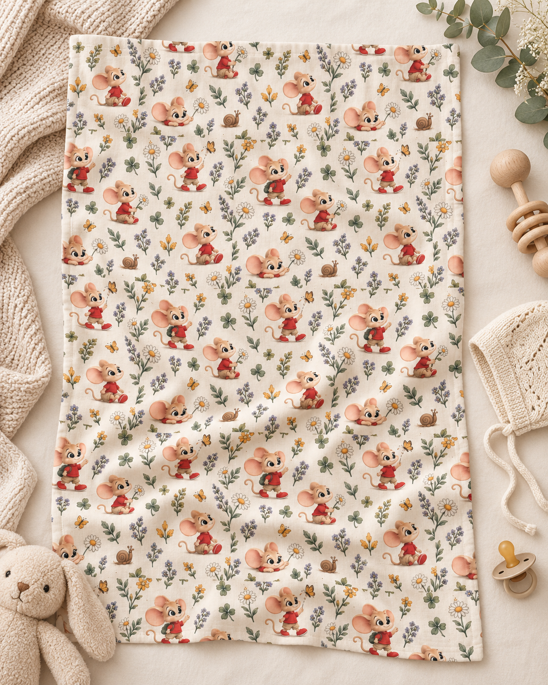 Mouse Swaddle Blanket — Soft Jersey Wildflower Print, 30″ × 40″