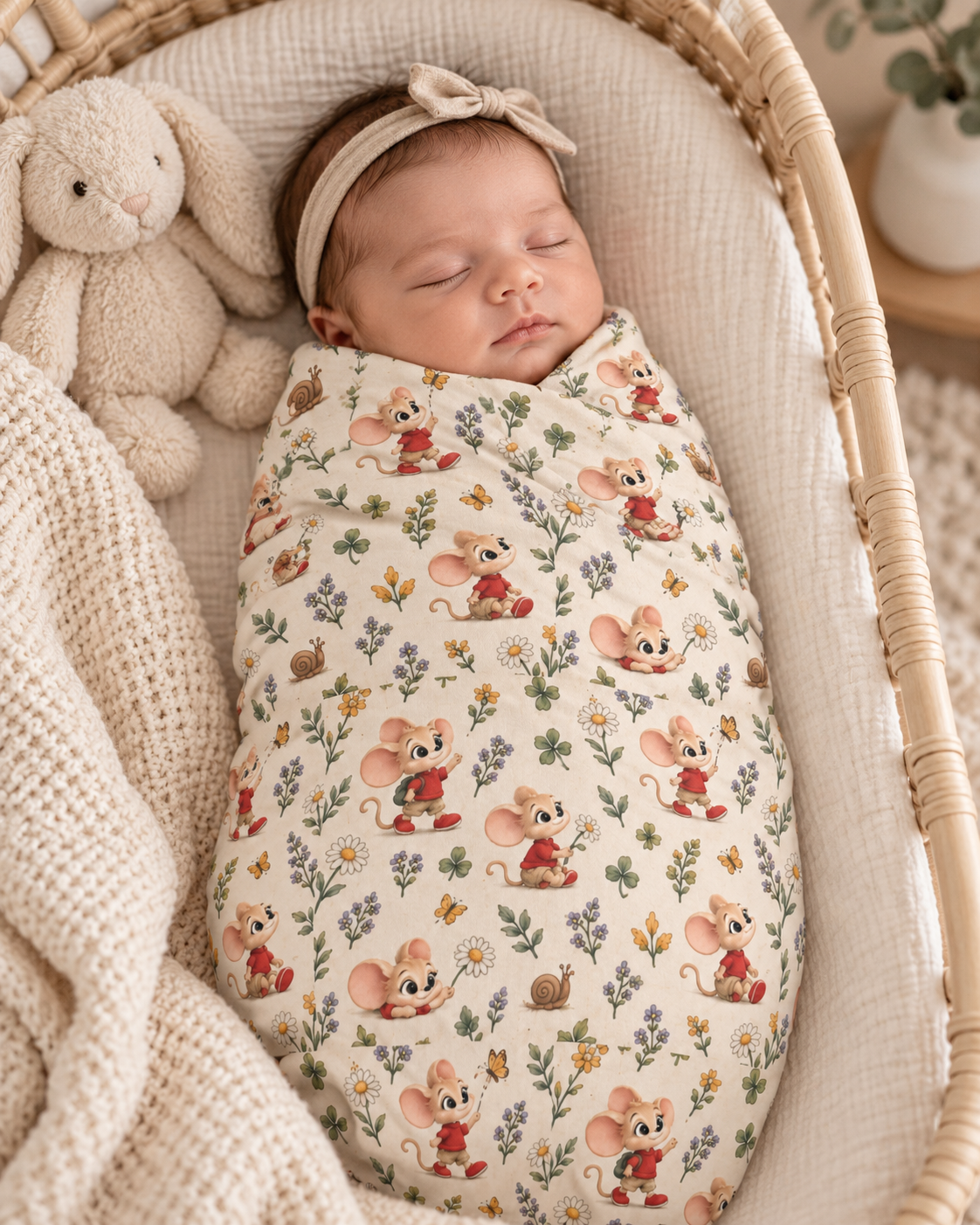 Mouse Swaddle Blanket — Soft Jersey Wildflower Print, 30″ × 40″