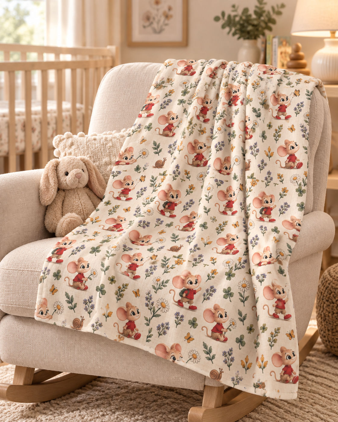 Mouse Swaddle Blanket — Soft Jersey Wildflower Print, 30″ × 40″