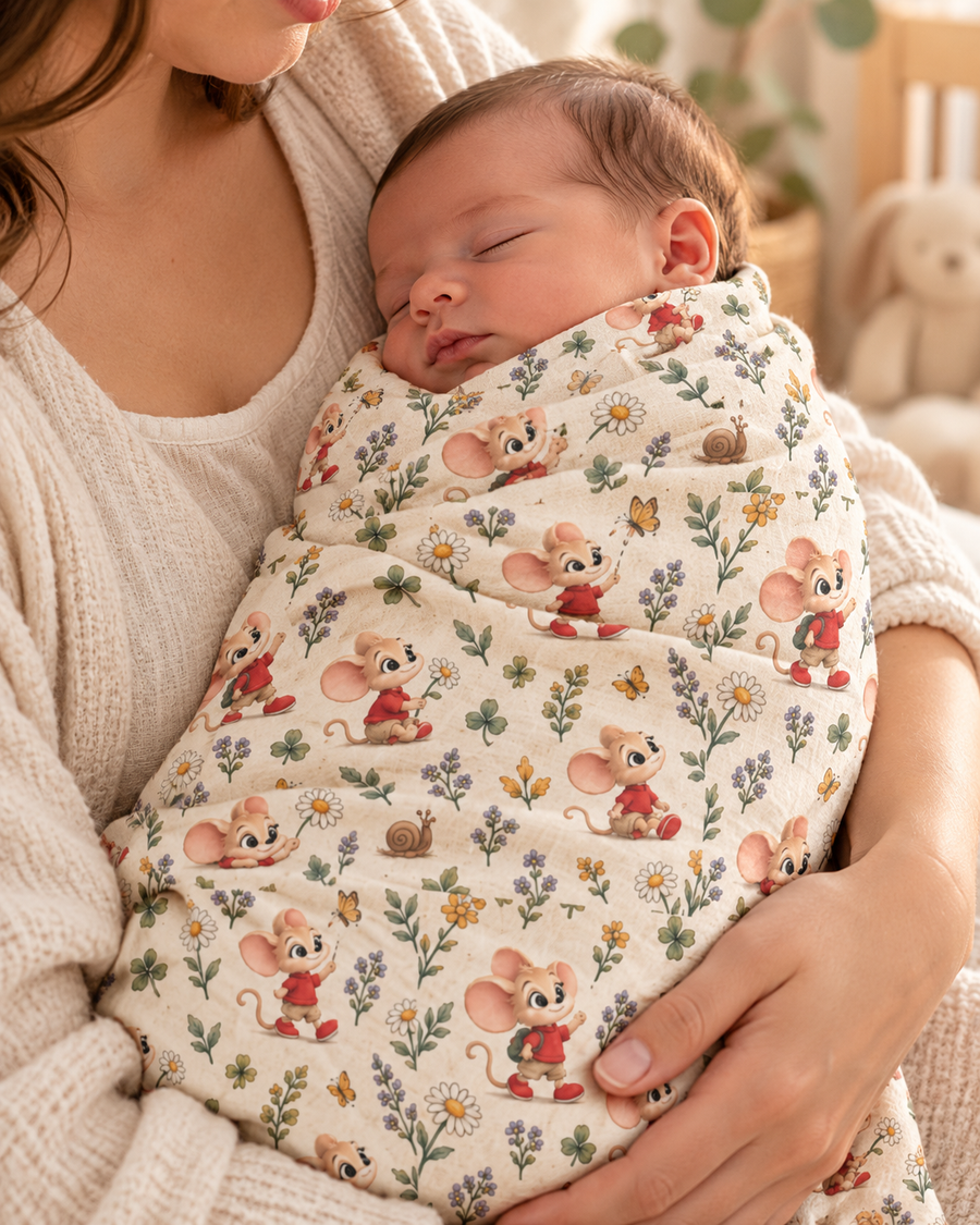 Mouse Swaddle Blanket — Soft Jersey Wildflower Print, 30″ × 40″