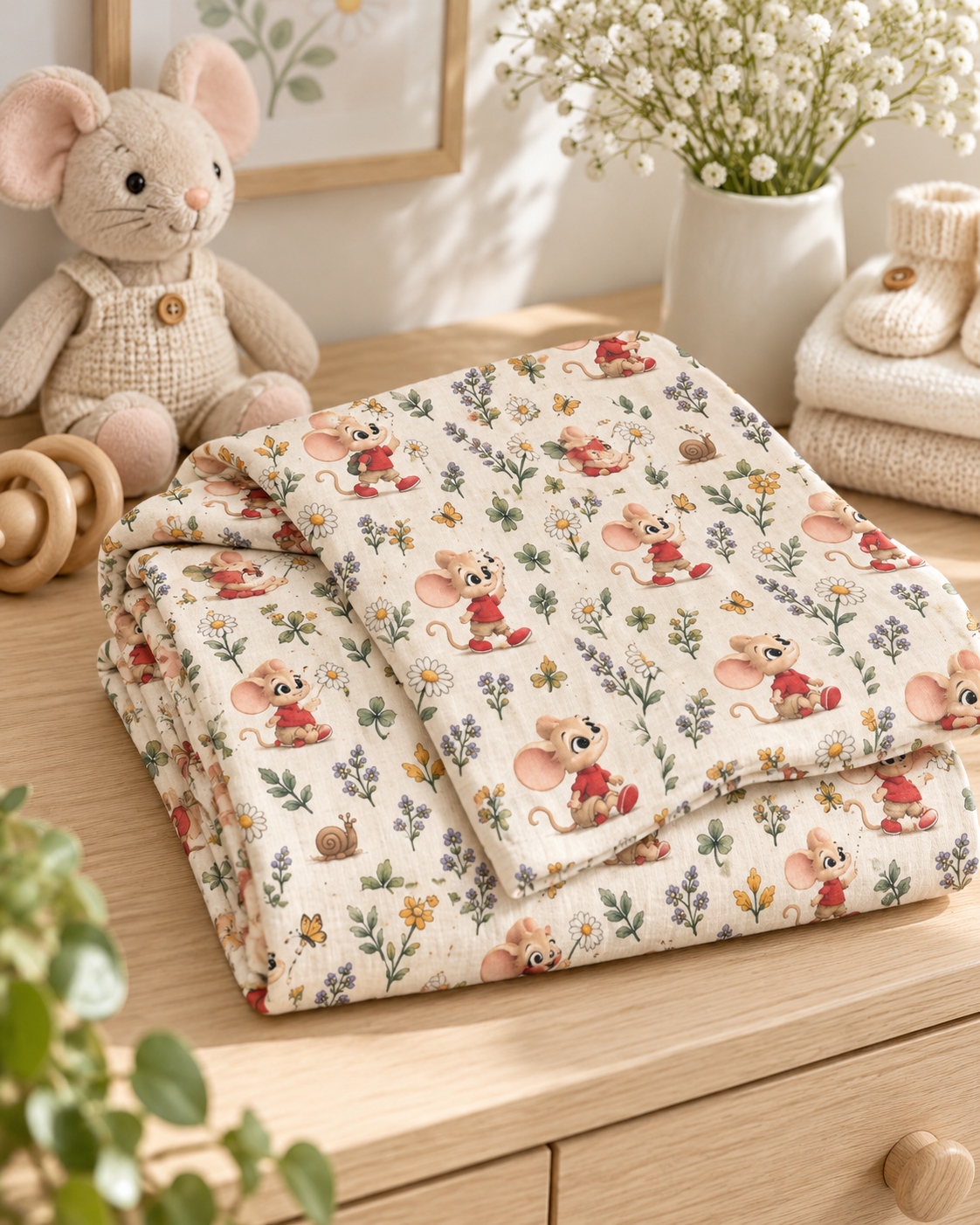 Mouse Swaddle Blanket — Soft Jersey Wildflower Print, 30″ × 40″