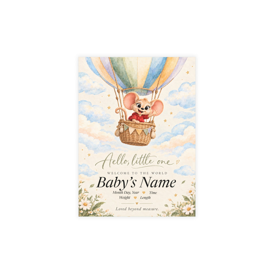 “Hello, Little One” mouse baby announcement postcard with hot air balloon, main view