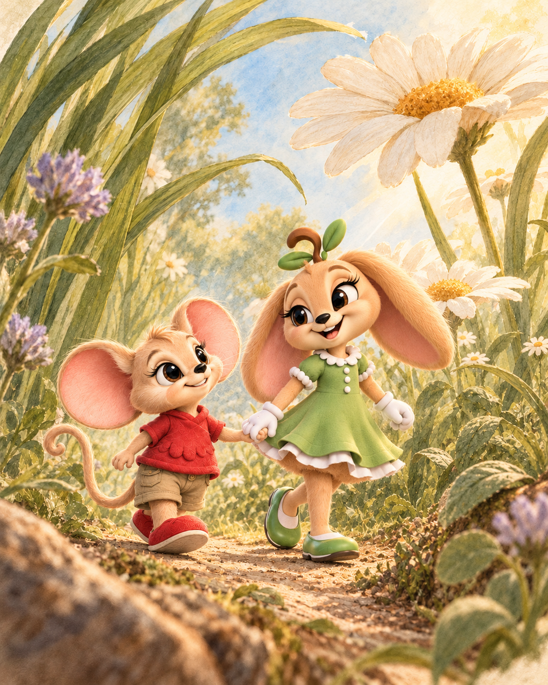 We and Ima two characters walking in the meadow telling stories